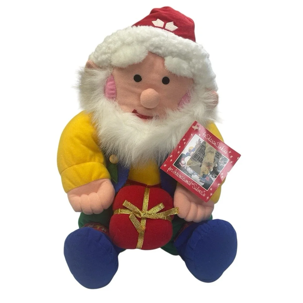 International Silver Co Santa Plush Figure w/ Gift Tag 1990s VTG